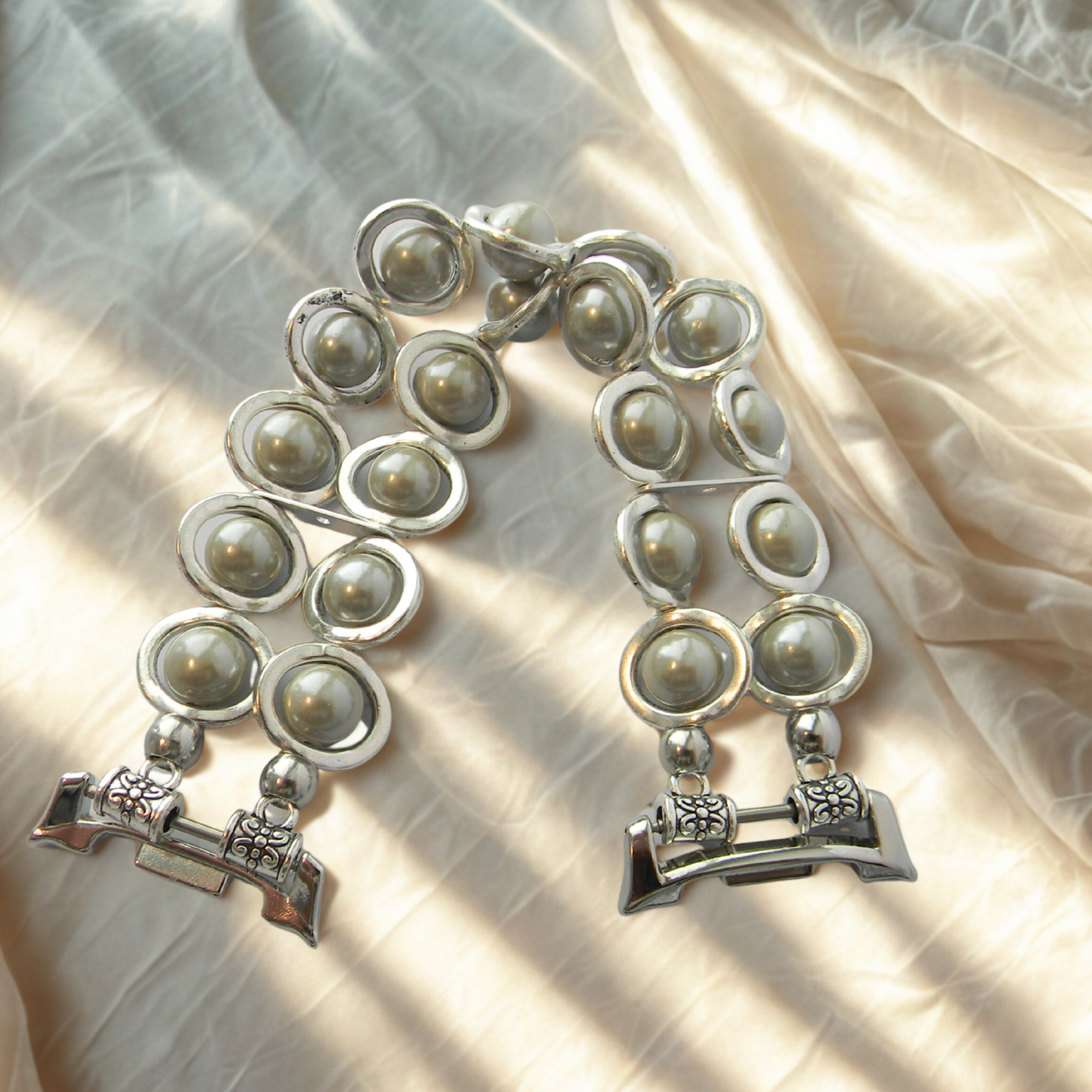 Silver Ovals and Silver Pearl Beads Watch Band for Samsung Watch