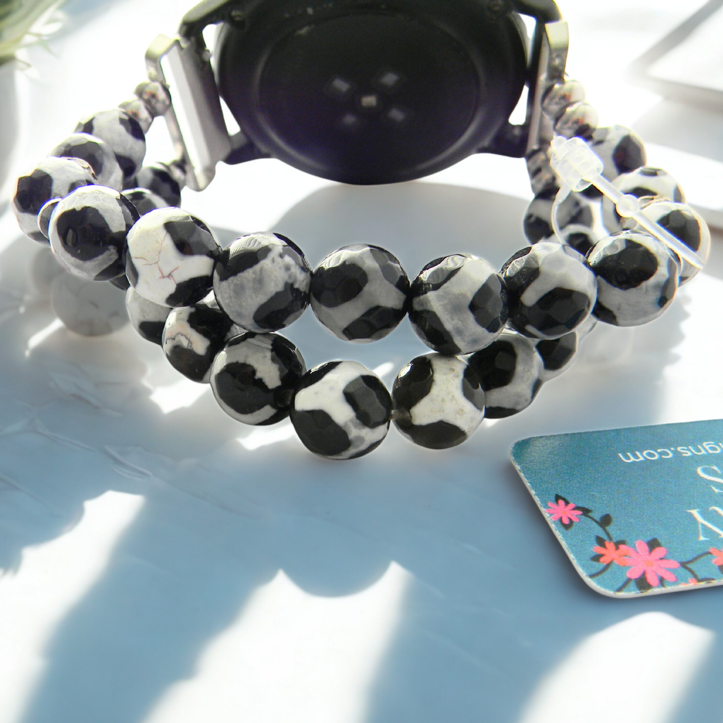 Tibetan Agate Watch Band for Samsung Watch, Black and White Giraffe Look
