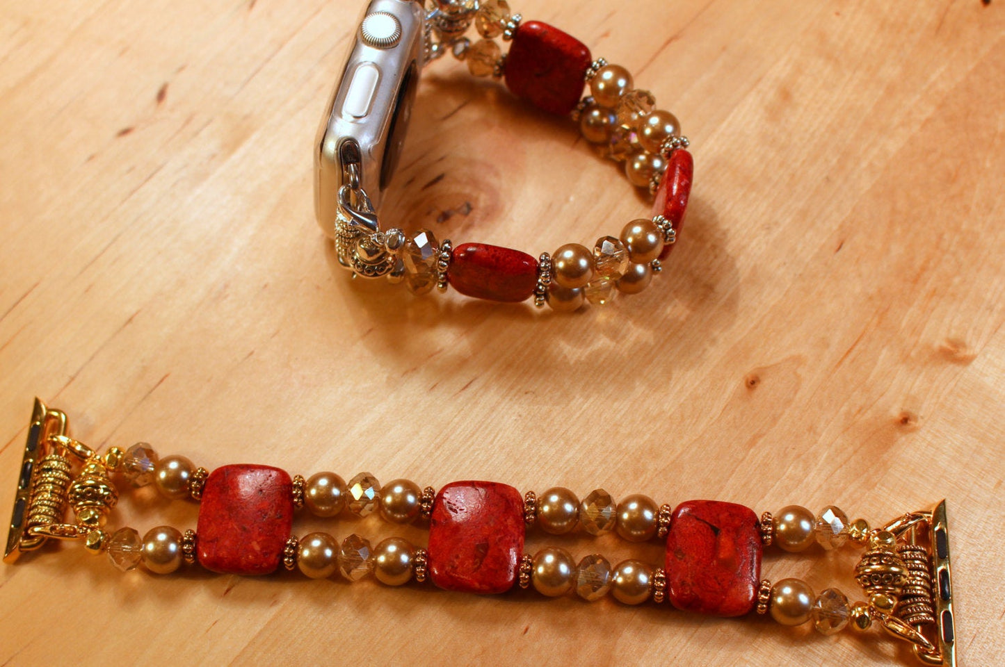 Red Sponge Coral with Gold Pearls and Crystals Smartwatch Watch Band for Apple Watch