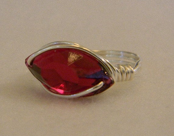 Sterling Silver Ruby Crystal Navette Wire Wrapped Ring