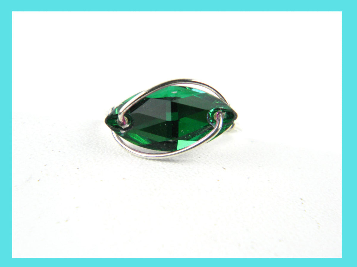 Sterling Silver Emerald Crystal Navette Wire Wrapped Ring