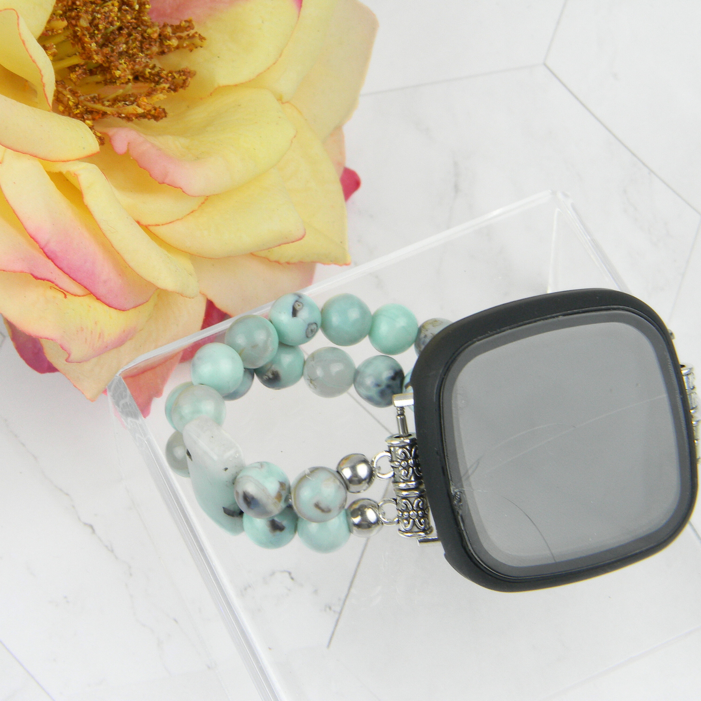 Enameled Agate & Amazonite Gemstone Bracelet Watch Band for Fitbit Versa 2, Versa 3 & 4