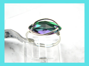 Sterling Silver Emerald Crystal Navette Wire Wrapped Ring