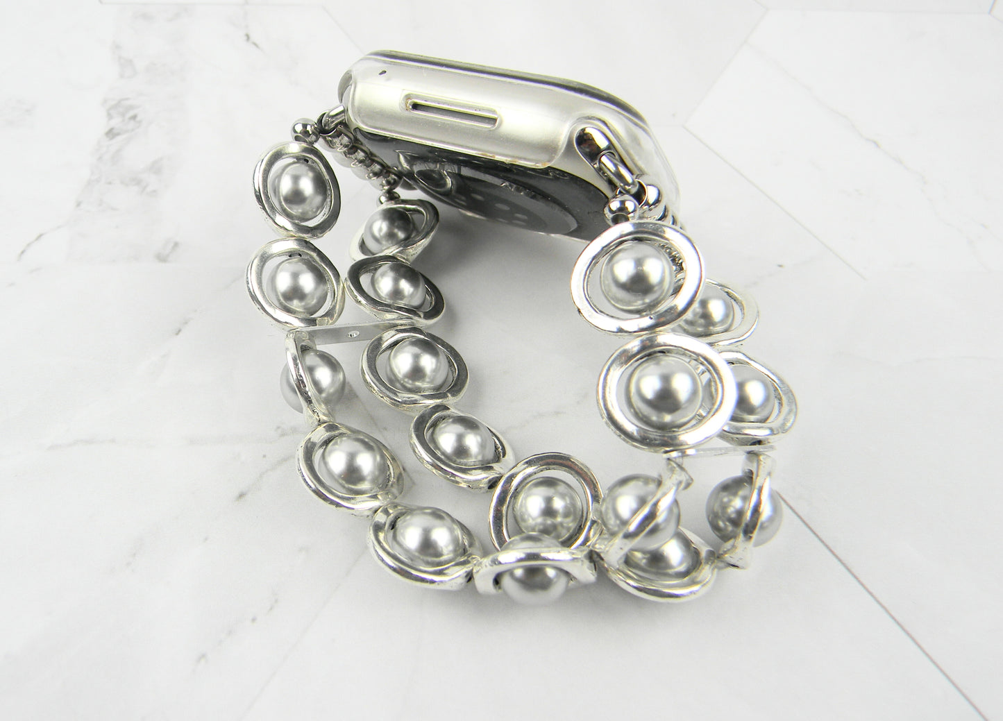 Silver Ovals and Silver Glass Beads Smartwatch Band for Apple Watch