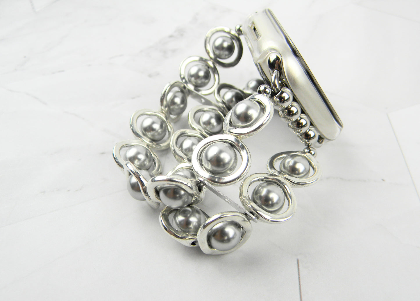Silver Ovals and Silver Glass Beads Smartwatch Band for Apple Watch