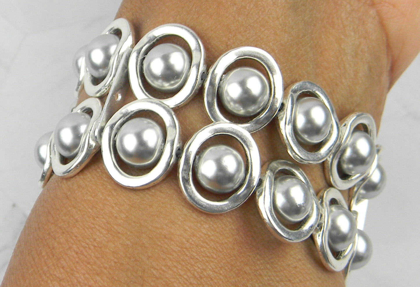 Silver Ovals and Silver Glass Beads Smartwatch Band for Apple Watch