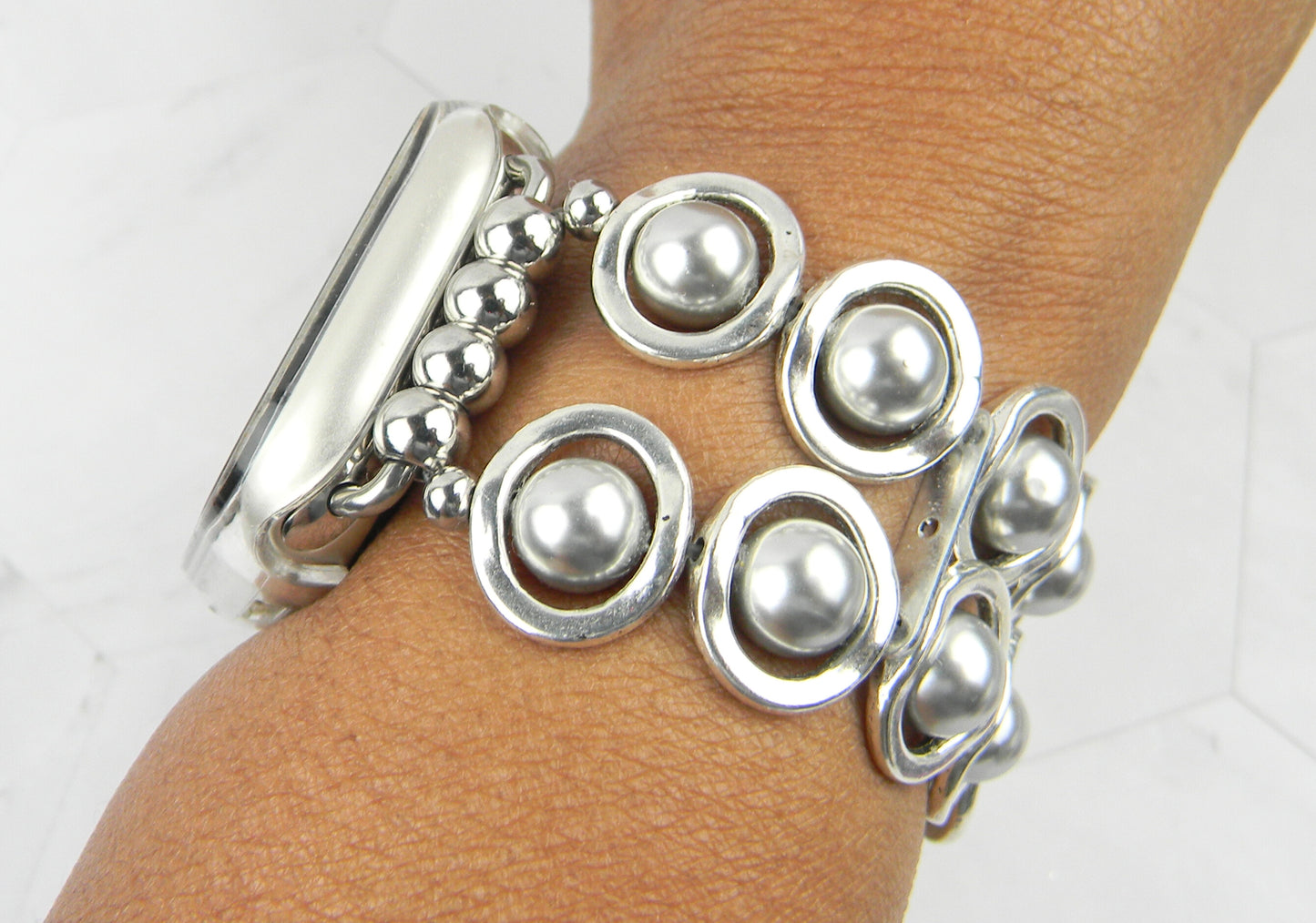 Silver Ovals and Silver Glass Beads Smartwatch Band for Apple Watch