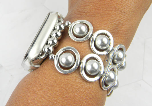 Silver Ovals and Silver Glass Beads Smartwatch Band for Apple Watch