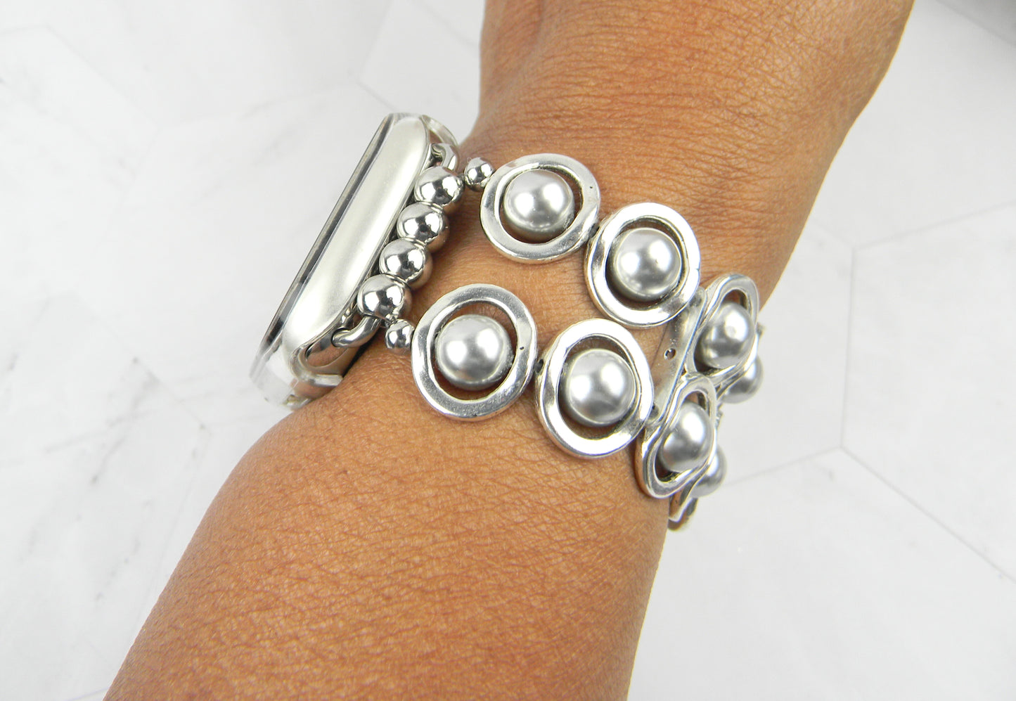Silver Ovals and Silver Glass Beads Smartwatch Band for Apple Watch