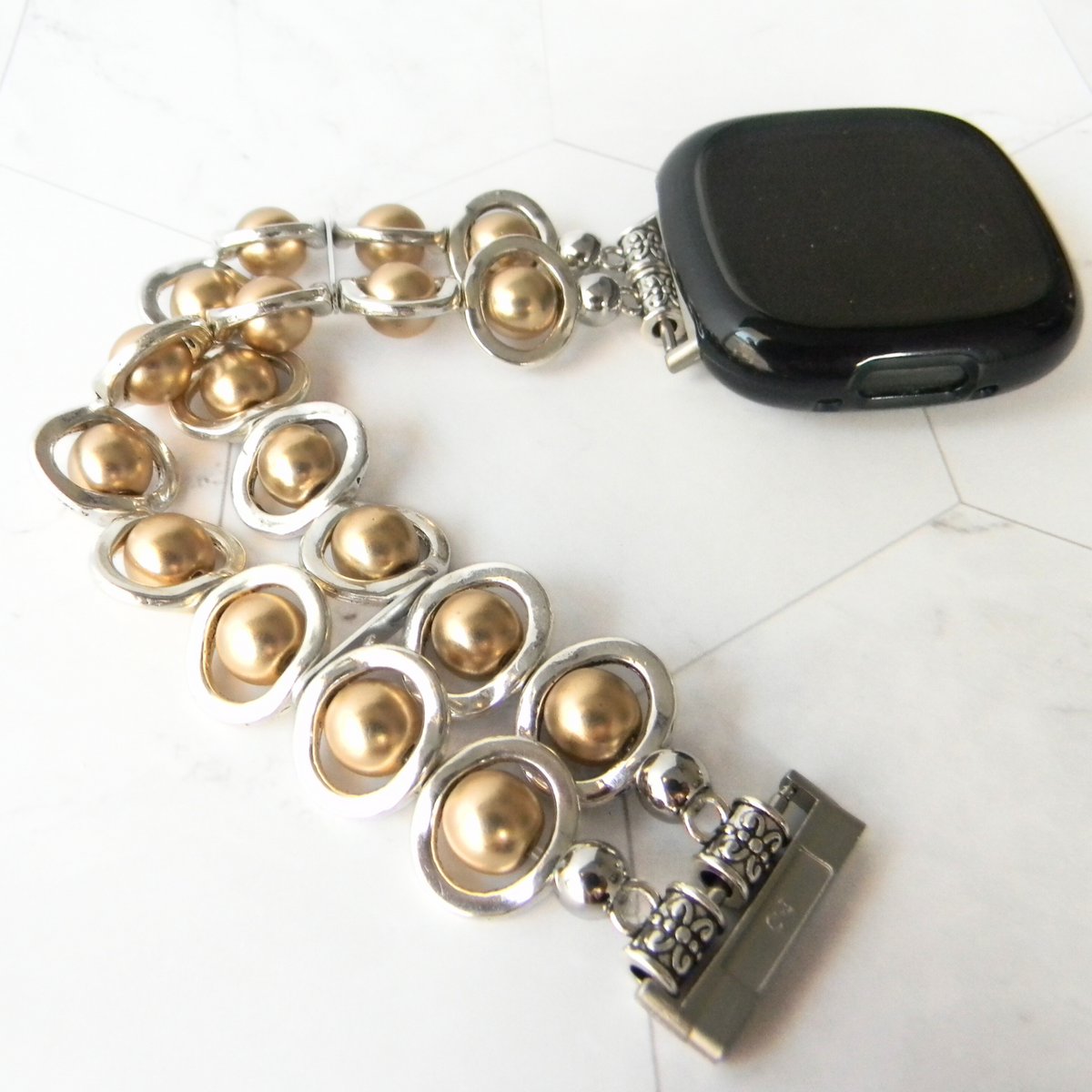 Silver Ovals and Gold Beads Watch Band for Fitbit Versa 3&4 Smart Watch