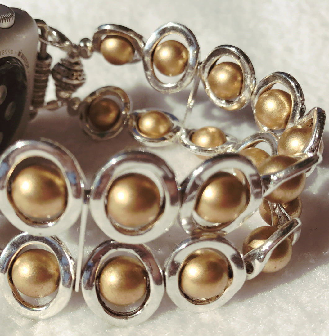 Silver Ovals and Gold Pearl Beads Watch Band for Apple Watch
