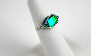 Sterling Silver Emerald Crystal Navette Wire Wrapped Ring