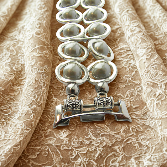 Silver Ovals and Silver Pearl Beads Watch Band for Samsung Watch