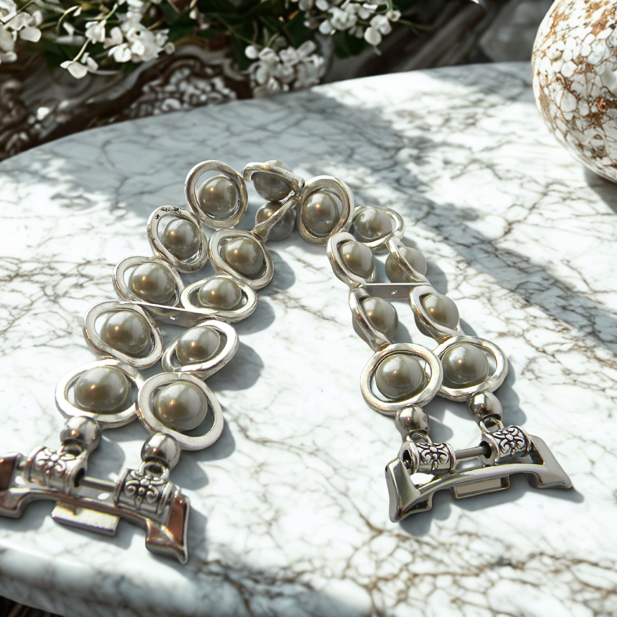 Silver Ovals and Silver Pearl Beads Watch Band for Samsung Watch