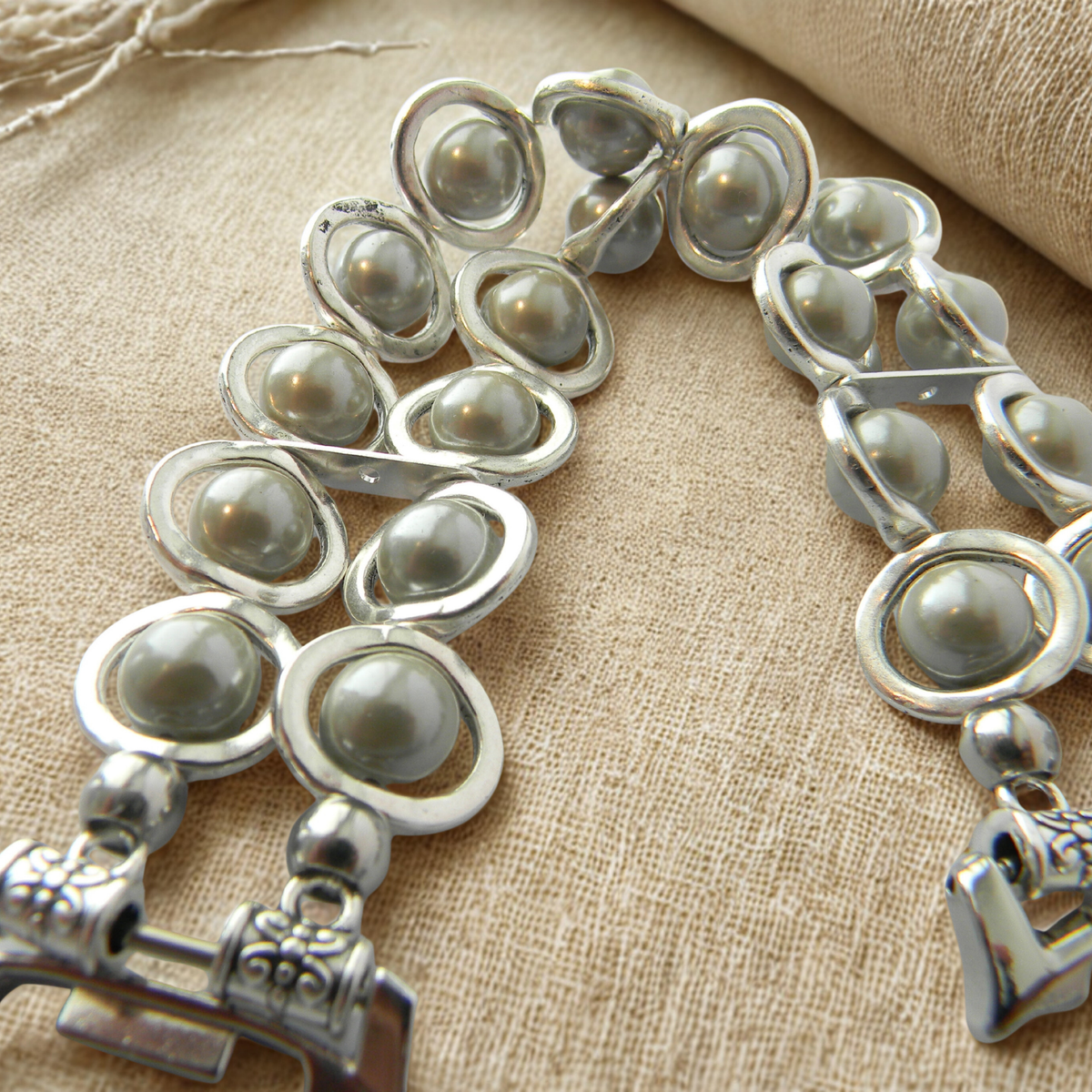 Silver Ovals and Silver Pearl Beads Watch Band for Samsung Watch