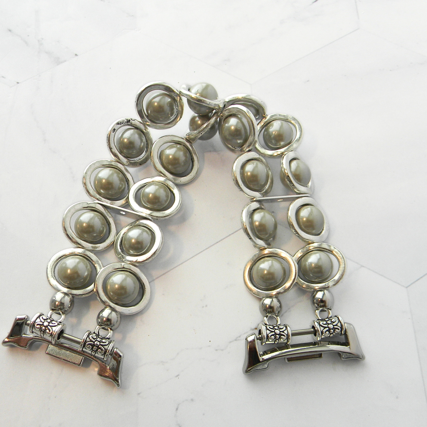 Silver Ovals and Silver Pearl Beads Watch Band for Samsung Watch