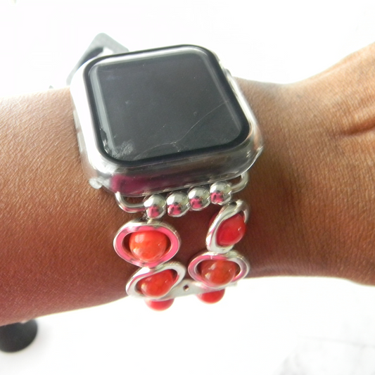 Silver Ovals and Fire Red Beads Watch Band for Apple Watch