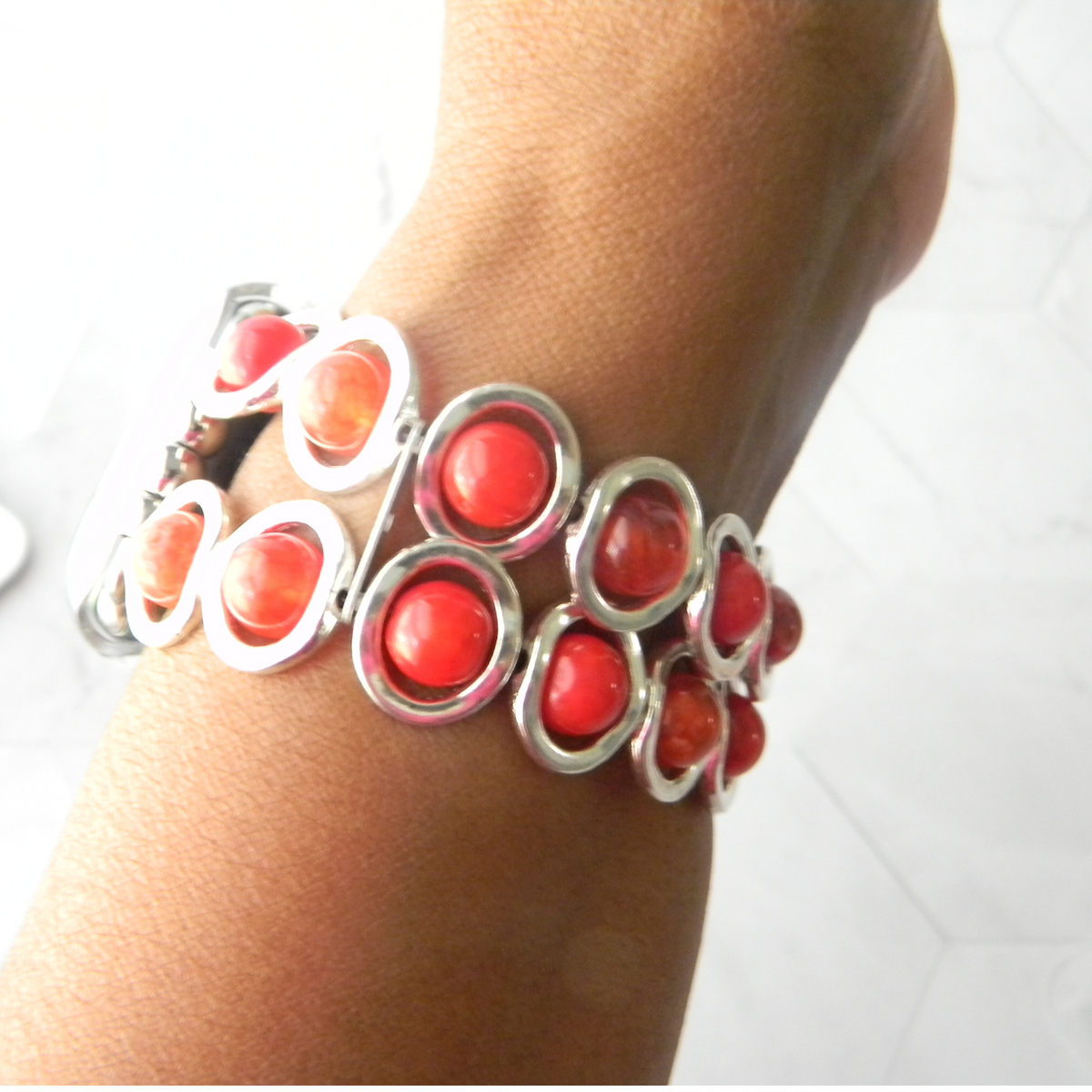 Silver Ovals and Fire Red Beads Watch Band for Apple Watch