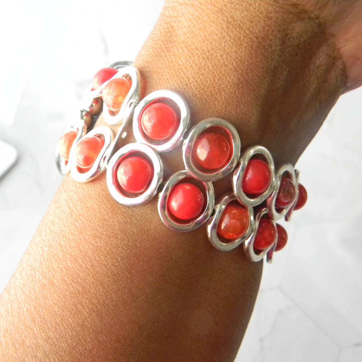 Silver Ovals and Fire Red Beads Watch Band for Apple Watch