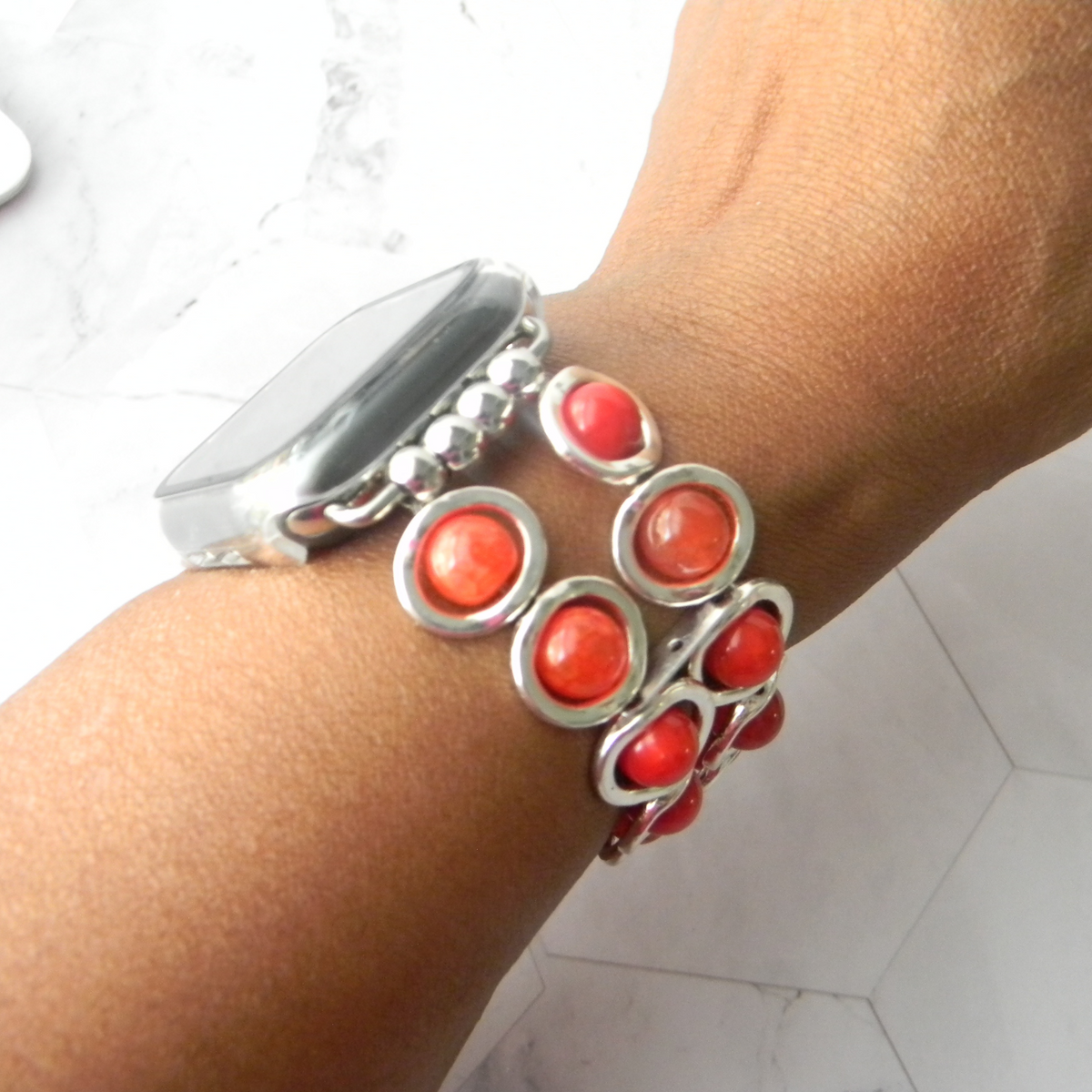 Silver Ovals and Fire Red Beads Watch Band for Apple Watch