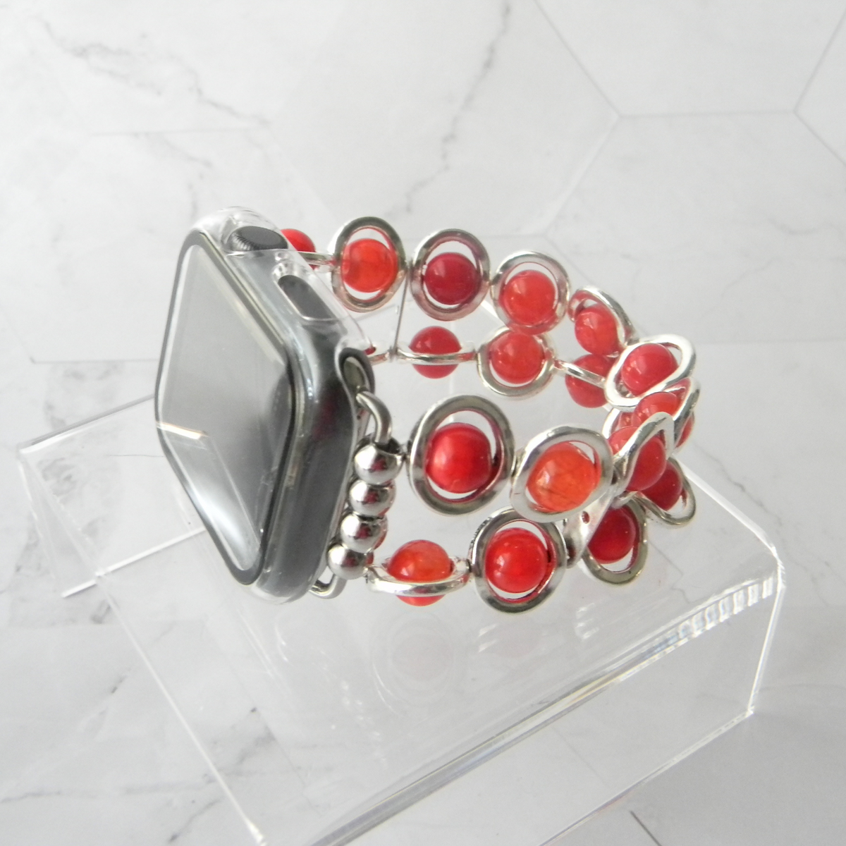 Silver Ovals and Fire Red Beads Watch Band for Apple Watch