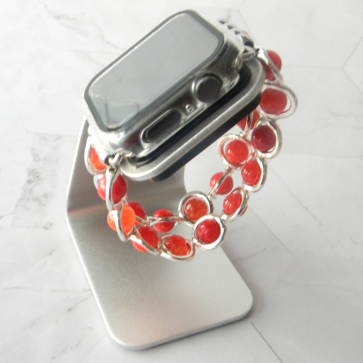 Silver Ovals and Fire Red Beads Watch Band for Apple Watch