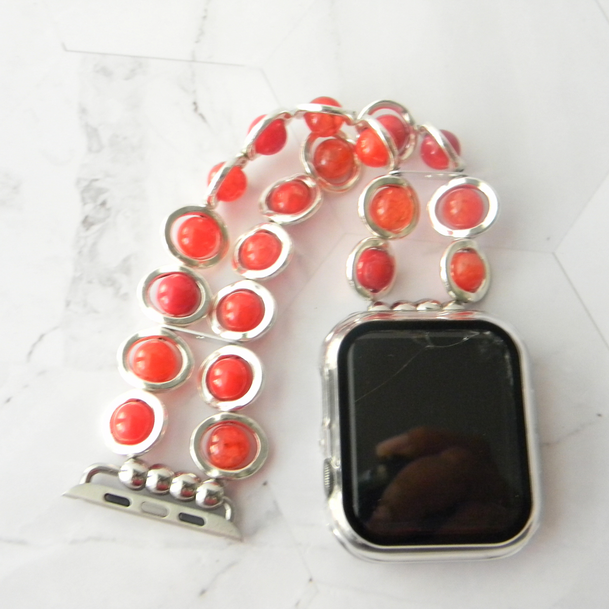 Silver Ovals and Fire Red Beads Watch Band for Apple Watch