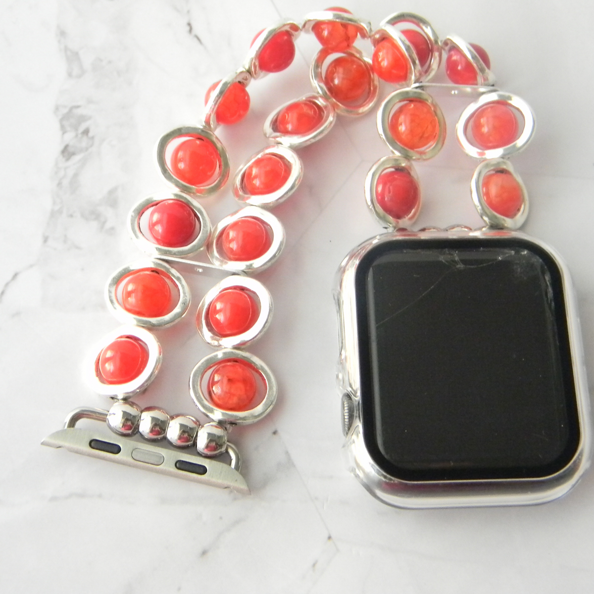 Silver Ovals and Fire Red Beads Watch Band for Apple Watch