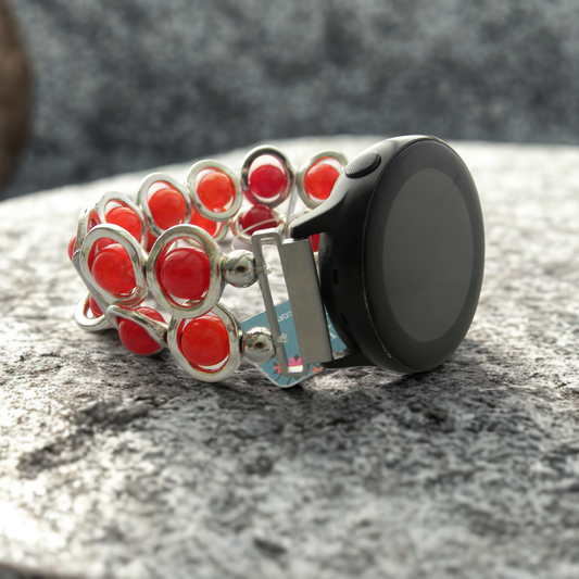 Silver Ovals and Fire Red Agate Beads Watch Band for Samsung Watch