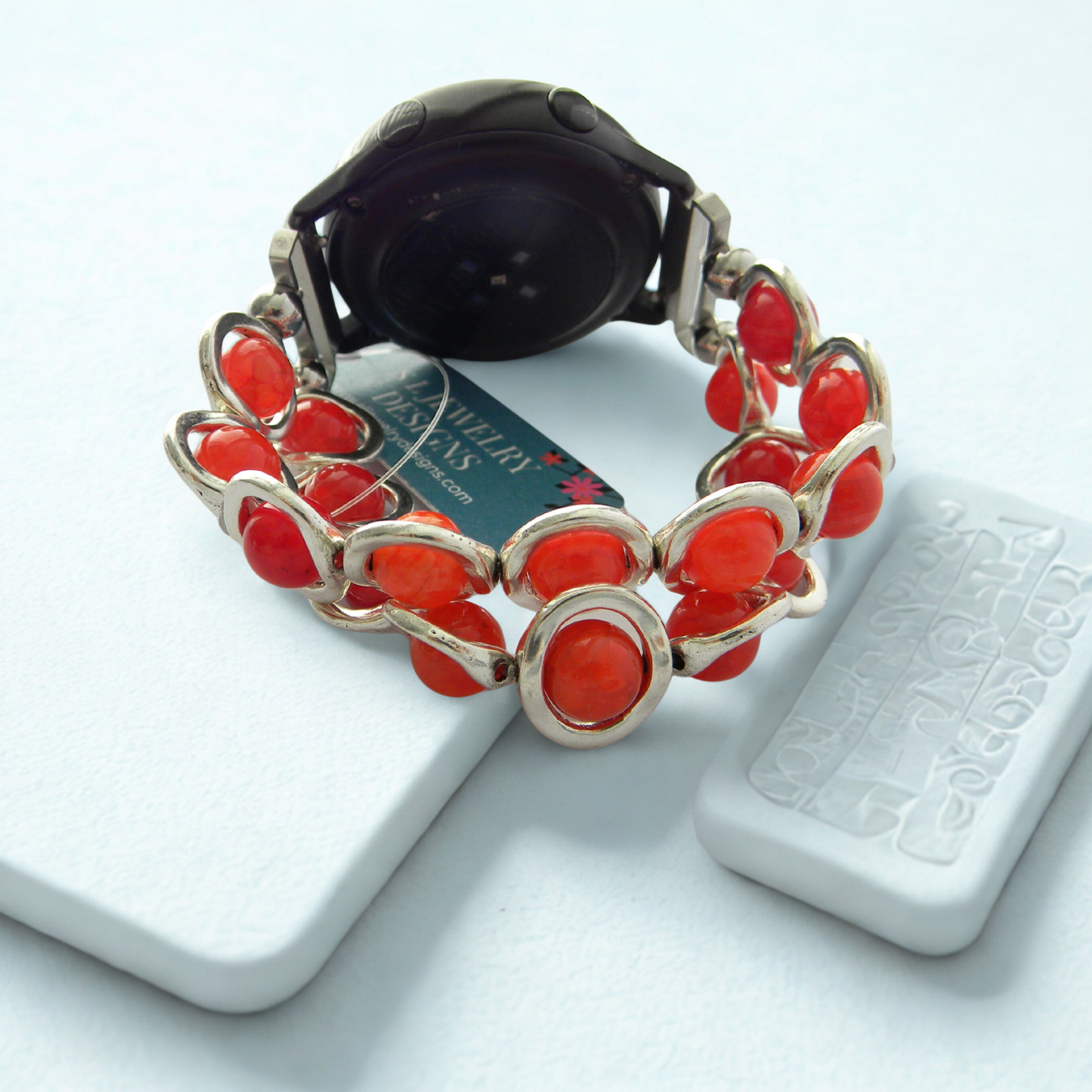 Silver Ovals and Fire Red Agate Beads Watch Band for Samsung Watch