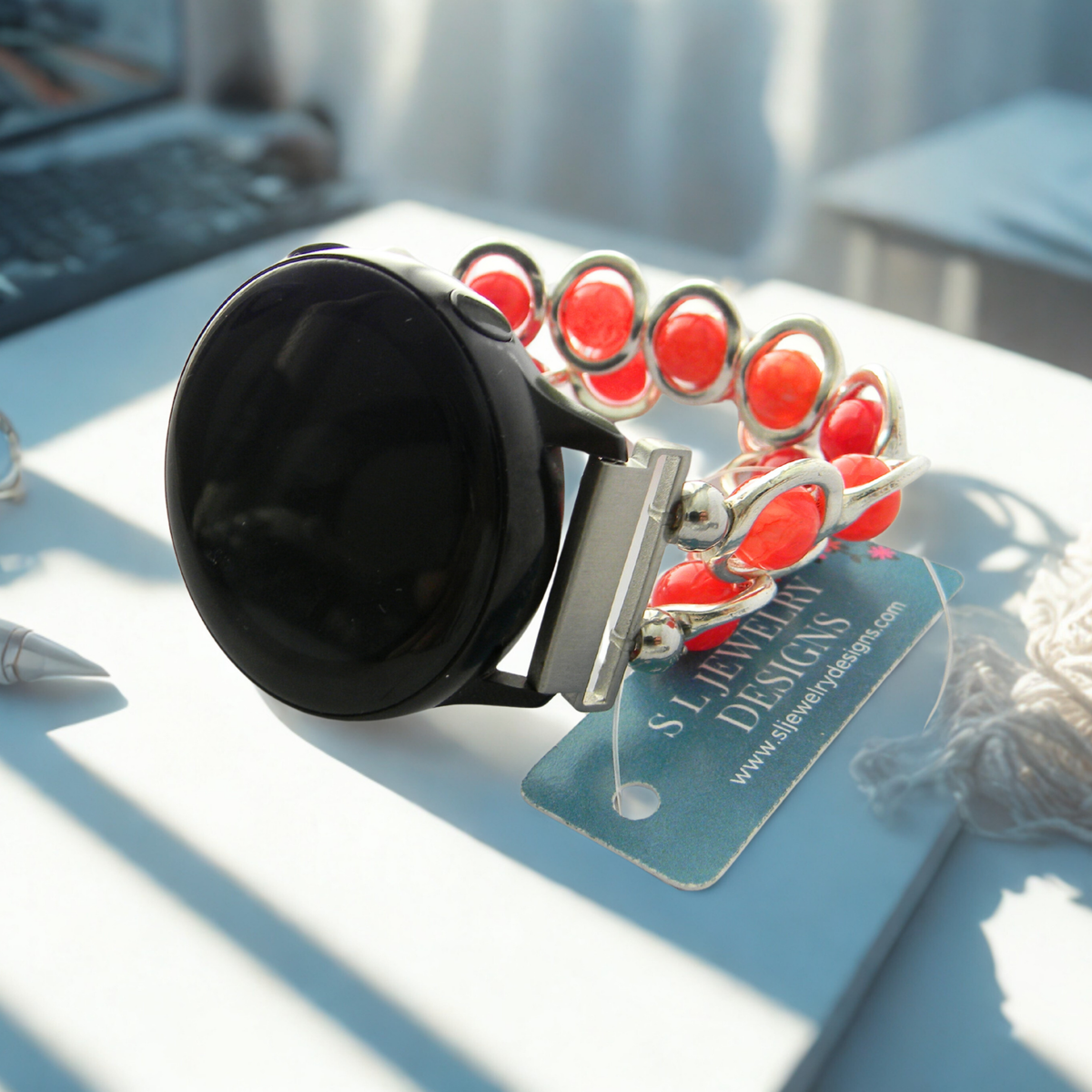 Silver Ovals and Fire Red Agate Beads Watch Band for Samsung Watch