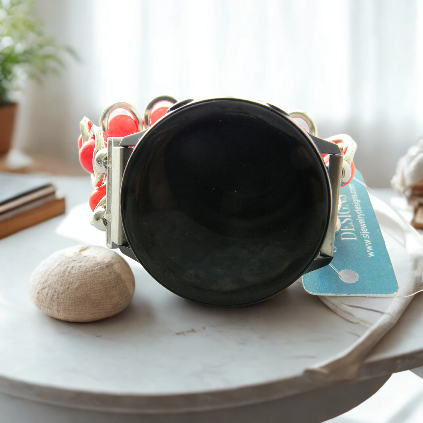 Silver Ovals and Fire Red Agate Beads Watch Band for Samsung Watch