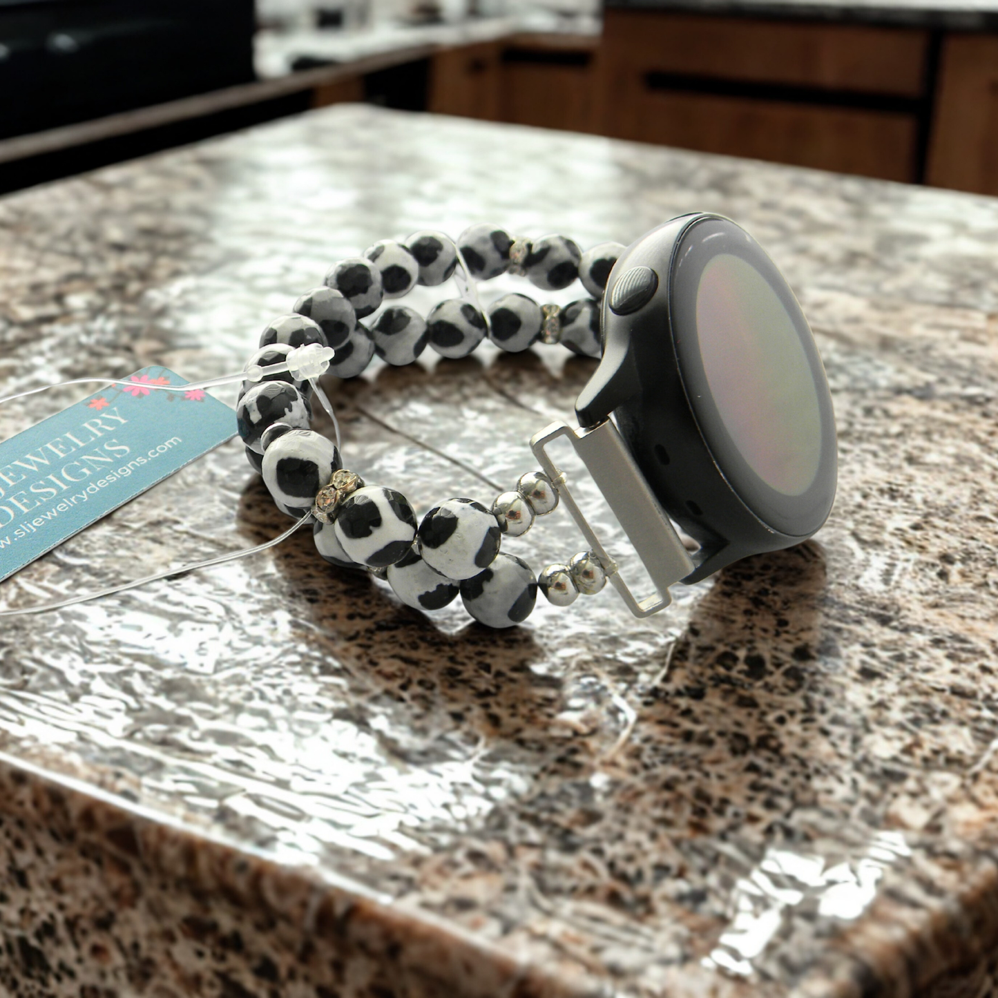 Tibetan Agate Watch Band for Samsung Watch, Black and White Giraffe Look