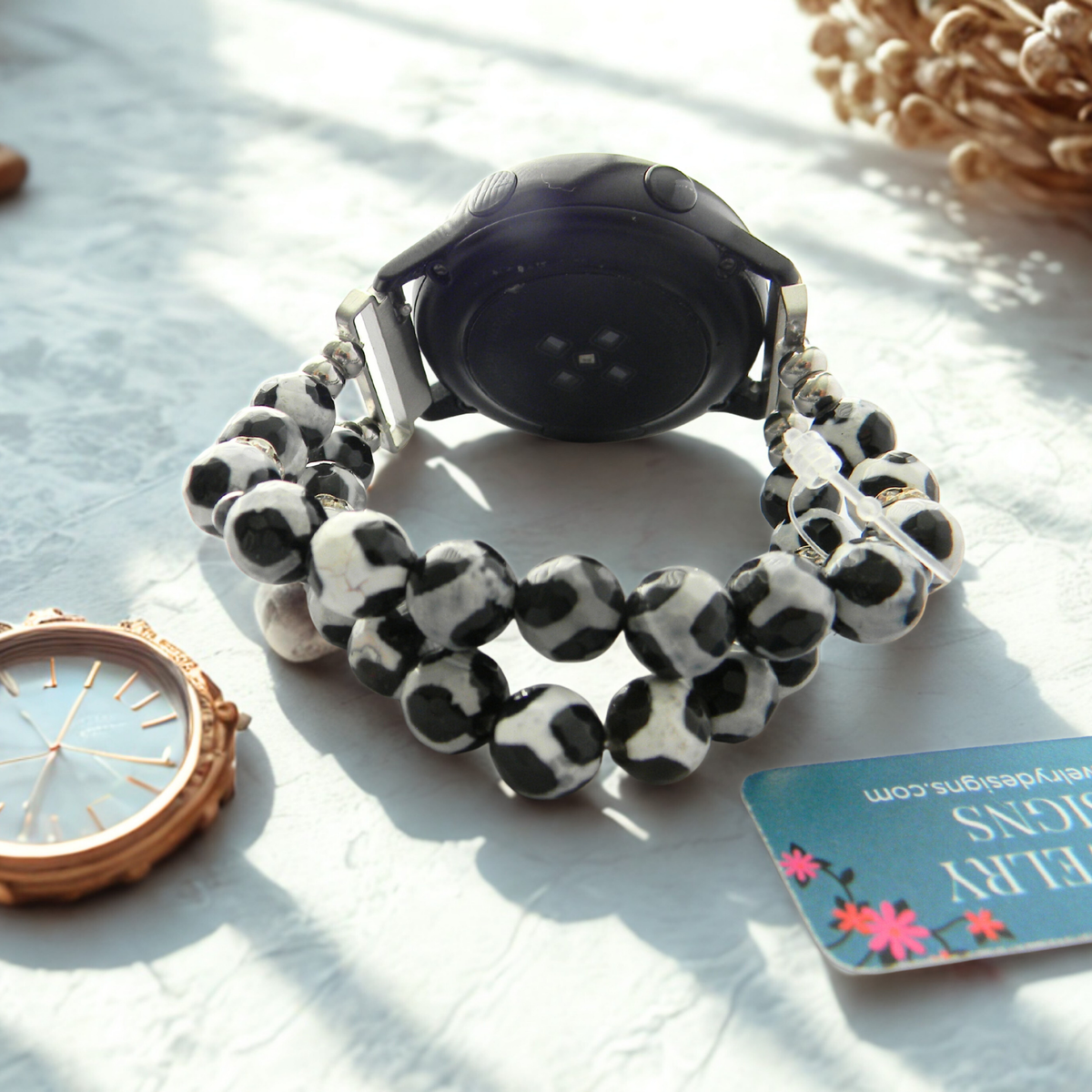 Tibetan Agate Watch Band for Samsung Watch, Black and White Giraffe Look