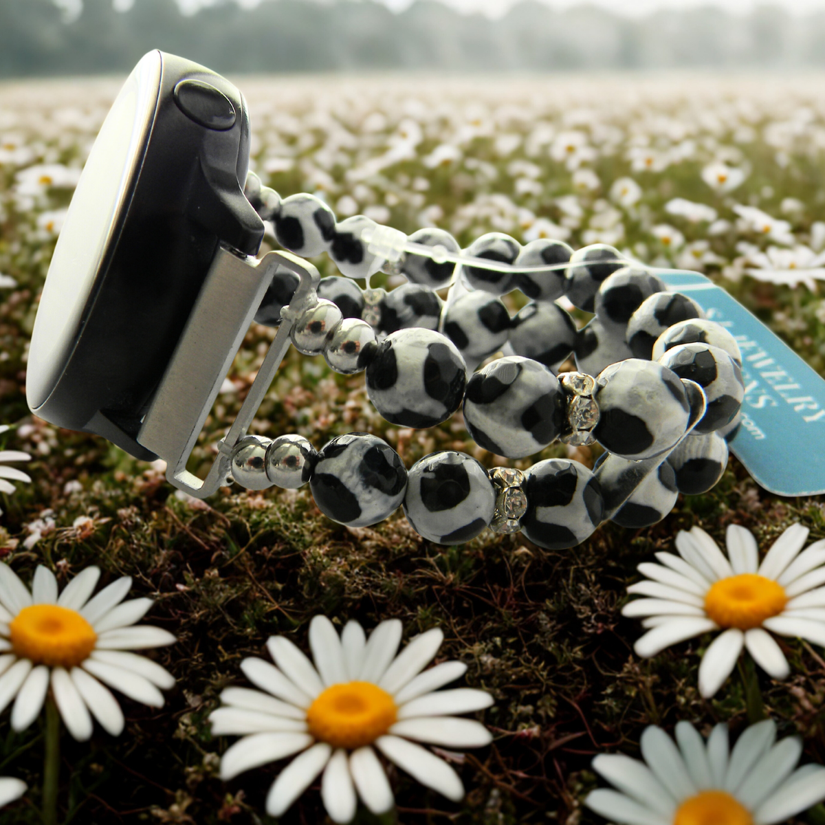 Tibetan Agate Watch Band for Samsung Watch, Black and White Giraffe Look