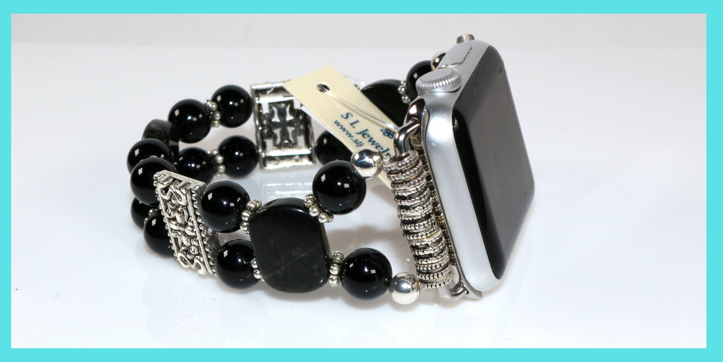Black Onyx & Obsidian Apple Watch Band | Handmade Gemstone Bracelet