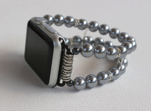 Gray Pearls and Rhinestones Smartwatch Band for Apple Watch