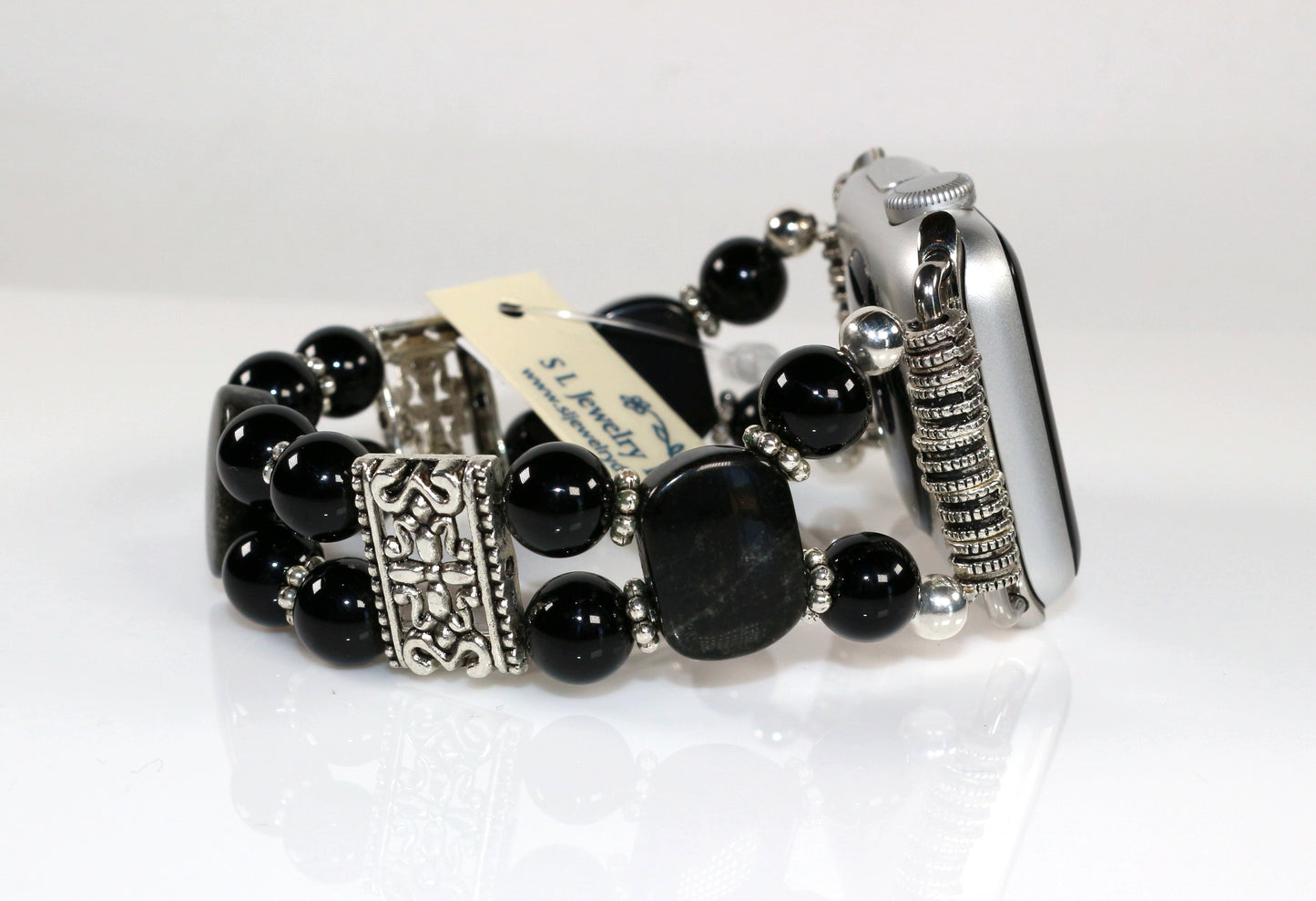 Black Onyx & Obsidian Apple Watch Band | Handmade Gemstone Bracelet