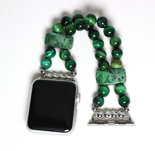 Green Tigers Eye and Crazy Lace Agate Gemstone Smartwatch Bracelet Watch Band for Apple Watch