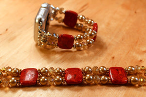 Watch Band for Apple Watch, Red Sponge Coral with Gold Pearls and Crystals
