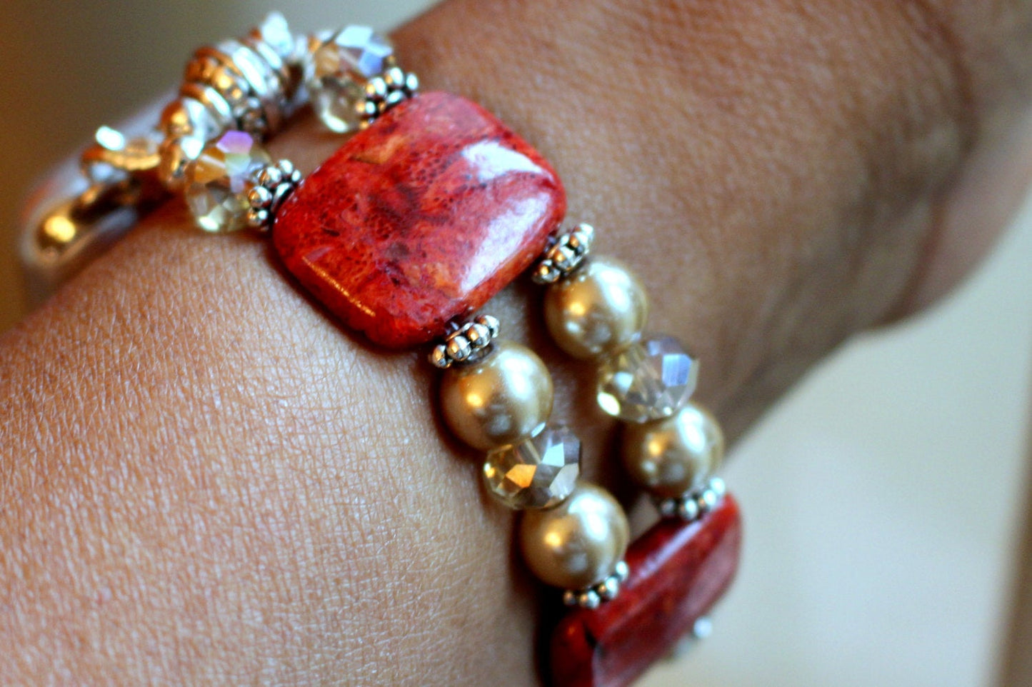 Red Sponge Coral with Gold Pearls and Crystals Smartwatch Watch Band for Apple Watch