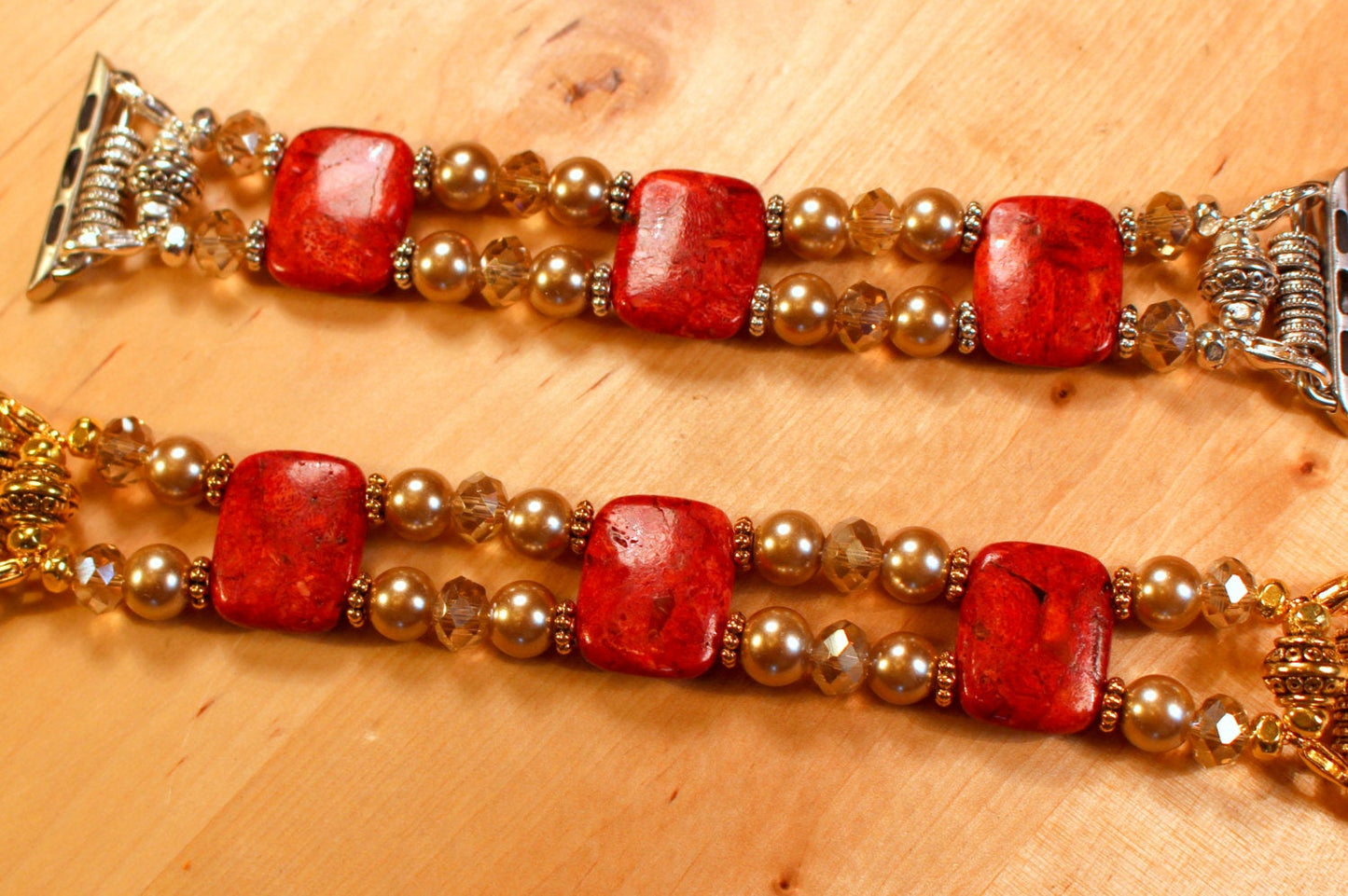 Red Sponge Coral with Gold Pearls and Crystals Smartwatch Watch Band for Apple Watch