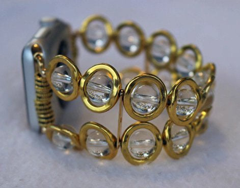 Watch Band for Apple Watch, Gold Ovals and Clear Beads