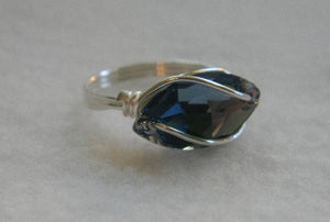 Denim Blue Crystal Navette Wire Wrapped Sterling Silver Ring