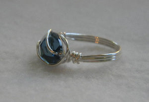 Denim Blue Crystal Navette Wire Wrapped Sterling Silver Ring