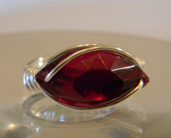 Sterling Silver Ruby Crystal Navette Wire Wrapped Ring