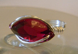 Sterling Silver Ruby Crystal Navette Wire Wrapped Ring