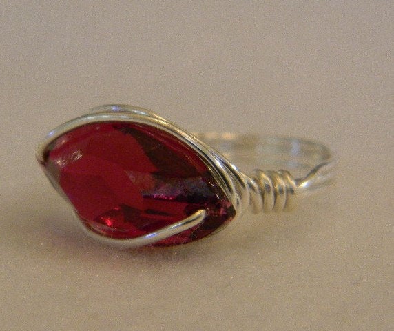 Sterling Silver Ruby Crystal Navette Wire Wrapped Ring