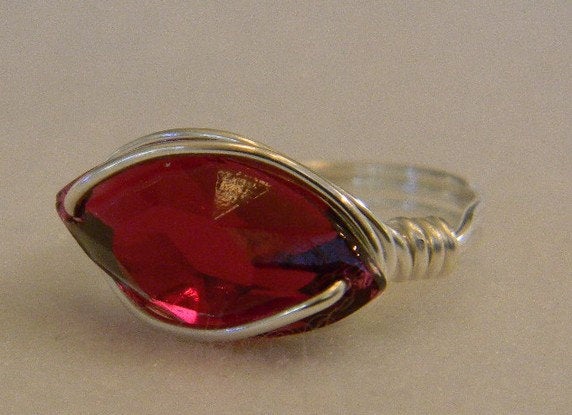 Sterling Silver Ruby Crystal Navette Wire Wrapped Ring