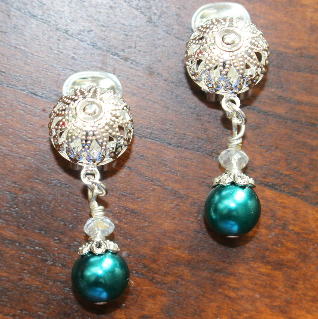 Clip On Earrings Teal Pearl Silver Clip On
